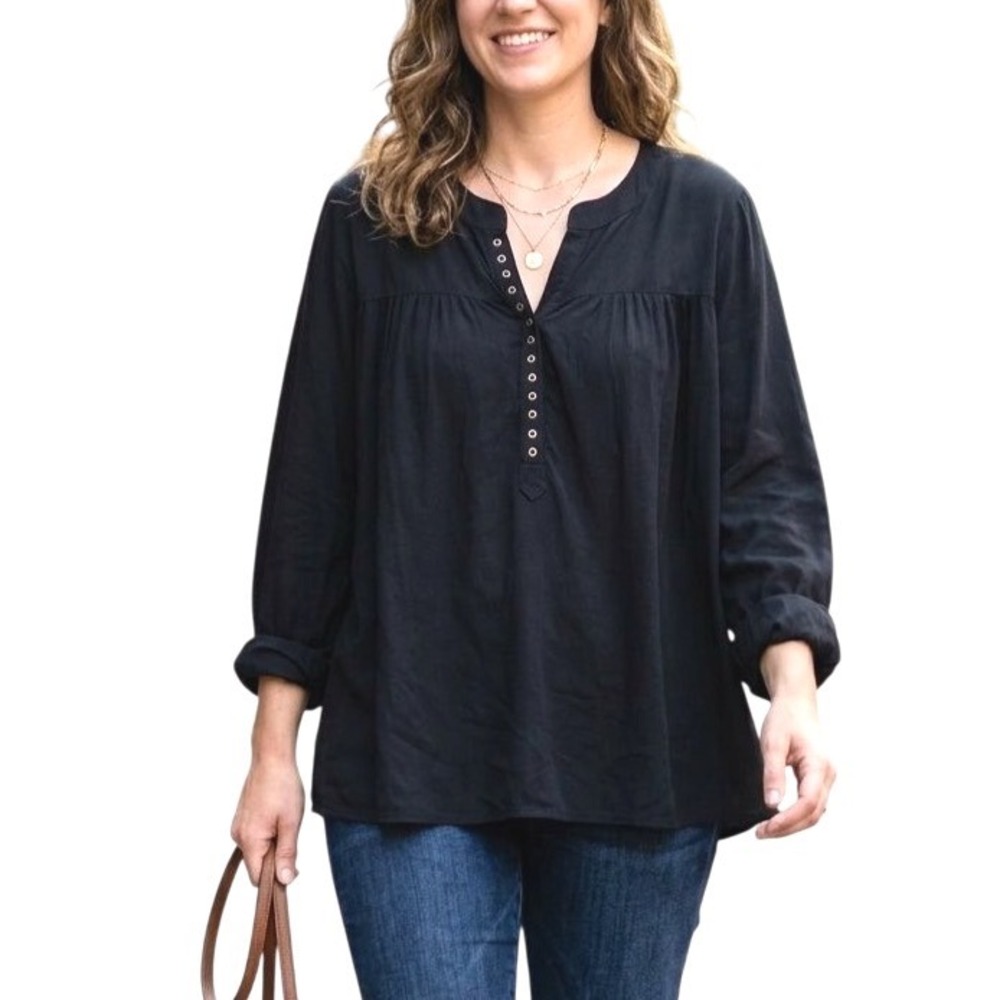 WESTBOUND Black SATIN Grommet Detail ROLL-TAB SLEEVES Pleats BLOUSE/TOP Sz L
